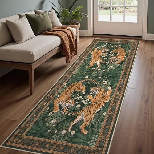 Bavni 2'6''x10' Tiger Washable Runner Rug Non Slip Hallway Kitchen Bathroom