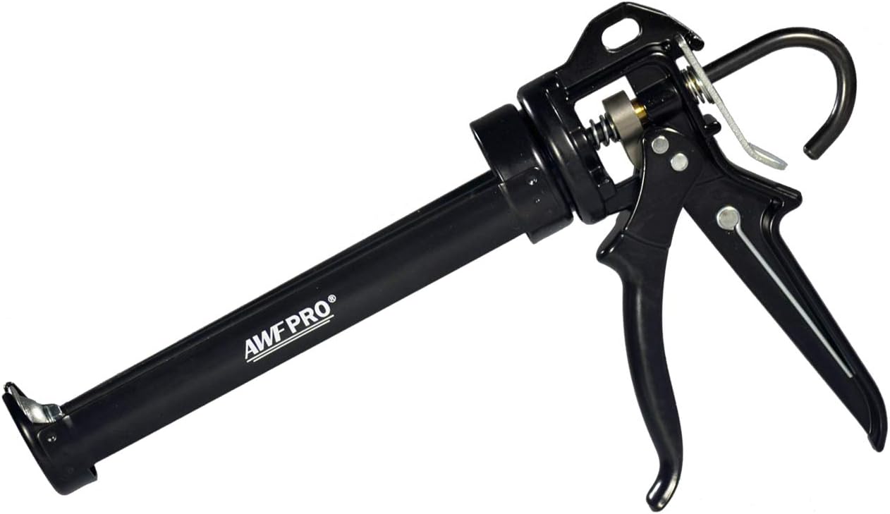 AWFPRO Heavy Duty 18:1 Caulk Gun - Steel Frame, Rotating Barrel, No Drip Release, Ladder Hook & Puncture Tool for 10oz Cartridges