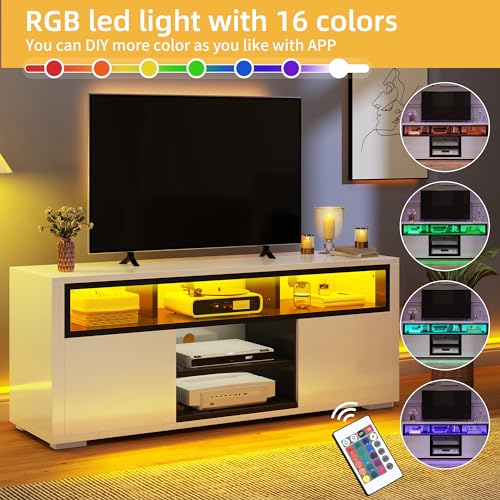 DWVO LED TV Stand for 55 Inch TV, Entertainment Center with 2 Storage Cabinet, 5 Open Shelves, Modern High Glossy Wood TV Console Table for Home, Living Room, Gaming Media Stand, Black & White