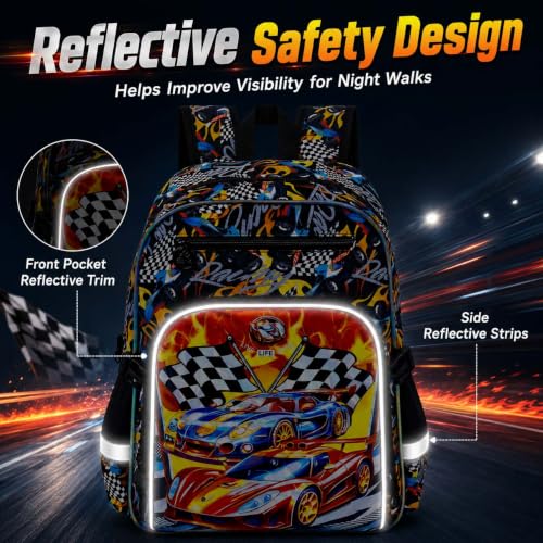 Image of HPJGD 3PCS Bookbag for Boys, 16 inch Race Car Preschool Backpack Set with Clip-On Lunch Box, Kids Water-Resistant School Bag for Elementary - Thrill Racing