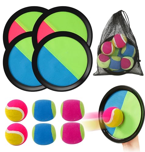 Balle Raquette Scratch Jeux, Jeu Catch Ball and Toss avec 4 Raquettes Scratch, 6 Balles et Sac de Rangement, Jouet d'Extérieur pour Plage, Jardin, Parc,...
