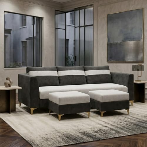 Image of FURNY Nova 5 Seater L Shape Sofa Set with 2 Movable Ottoman | Flexible Left or Right Layout | Plush Velvet Fabric (Dark Grey-Light Grey) | Perfect for Living Room, Guest Room & Office