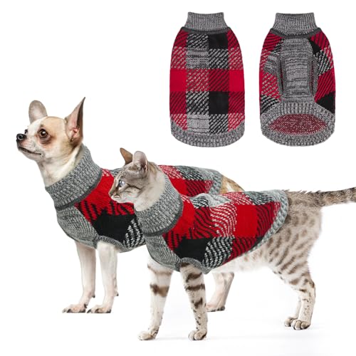 Image of BEAUTYZOO Small Dog Sweater, Plaid Knit Winter Clothes with Harness Hole | Turtleneck Pullover Fall Knitwear for Girl Boy Puppy, Fuzzy Fleece Cold Weather Coat Female Male, Warm Sweatshirt, Red XXS