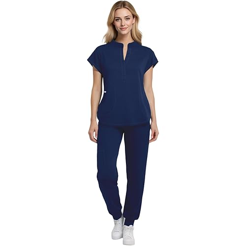 Medical Scrubs for Women Set, Stand-up Collar Scrubs Top & Jogger Scrub Pants with 8 Pockets Nurse Uniforms Set