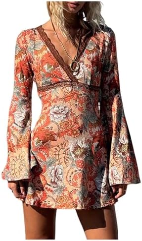 Milumia Women's Boho Paisley Print V Neck Bell Long Sleeve Dress ...