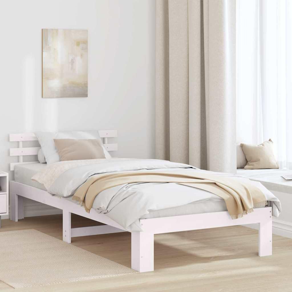 YUTAASU Bettrahmen mit Kopfteil Weiß 90 x 200 cm Massives Kiefernholz | Stabile Konstruktion, 31 cm Höhe, pflegeleichte Oberfläche, modernes Design