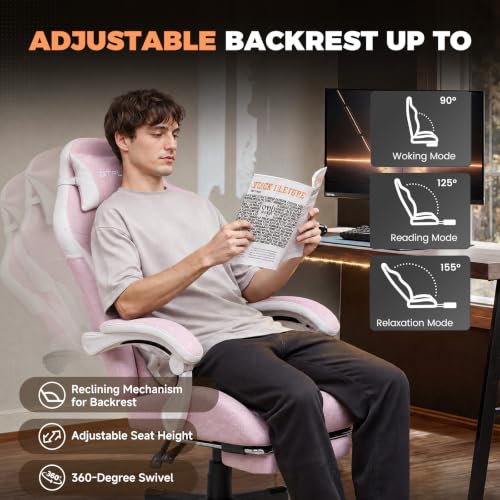 Image of GTPLAYER Gaming Chair with Footrest, Ergonomic Office Chair 400lbs Heavy Duty, Big and Tall Computer Desk Chair with Lumbar Support and Headrest, Breathable Linen Fabric, 90-155 Recline Pink