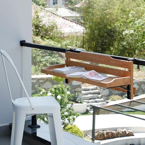 Mesa de balcón colgante de madera con barandilla ajustable y estantes 6
