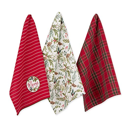 Dii Vintage Christmas Tea Towels Decorative Holiday Kitchen Dish Towel Set, 18X28, Merry Holly Floral, Plaid & Stripe, 3 Piece #TOP12