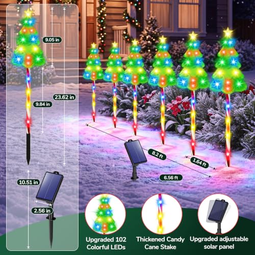 AOUNQ Solar Christmas Decorations, Christmas Tree Pathway Lights Outdoor | 102 LEDs, 10 Lighting Modes Solar Christmas Lights outdoor Waterproof, Solar Candy Cane Stake lights for Yard Lawn, 6 Pack - image 6