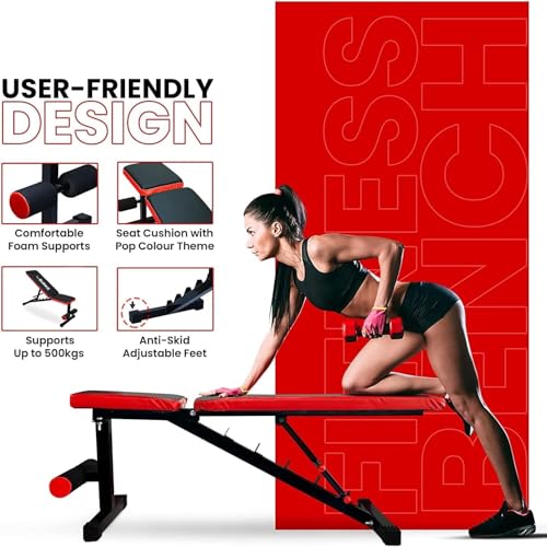 Image of Bodyfit Fitness Bench for Home Gym | Multi Adjustable Positions | Full Body Workout Weight Training Bench | Soft Foam Padding | Incline /Decline Bench Press | Tough Steel Bench Supports 500kg Weight.