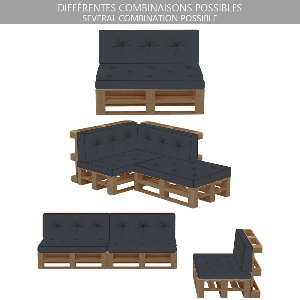 VOUNOT Cojines para Palets 4-Piezas Set, Impermeable para Interior y Exterior, Cojín de Asiento 120x80 cm, Respaldo 120x40 cm, Gris Oscuro