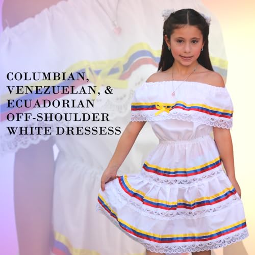 Colombian, Venezuelan, & Ecuadorian White Dress with Yellow, Blue, & Red Ribbons for Toddlers & Girls2