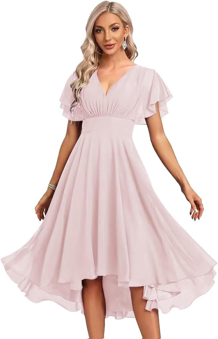 Women's Chiffon Bridesmaid Dresses Ruffle Sleeves V Neck Formal Dress Short Bridesmaid Dress
