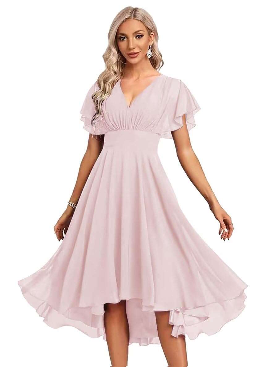 JAKIPPY Women's Chiffon Bridesmaid Dresses Ruffle Sleeves V Neck Formal Dress Short Bridesmaid Dress