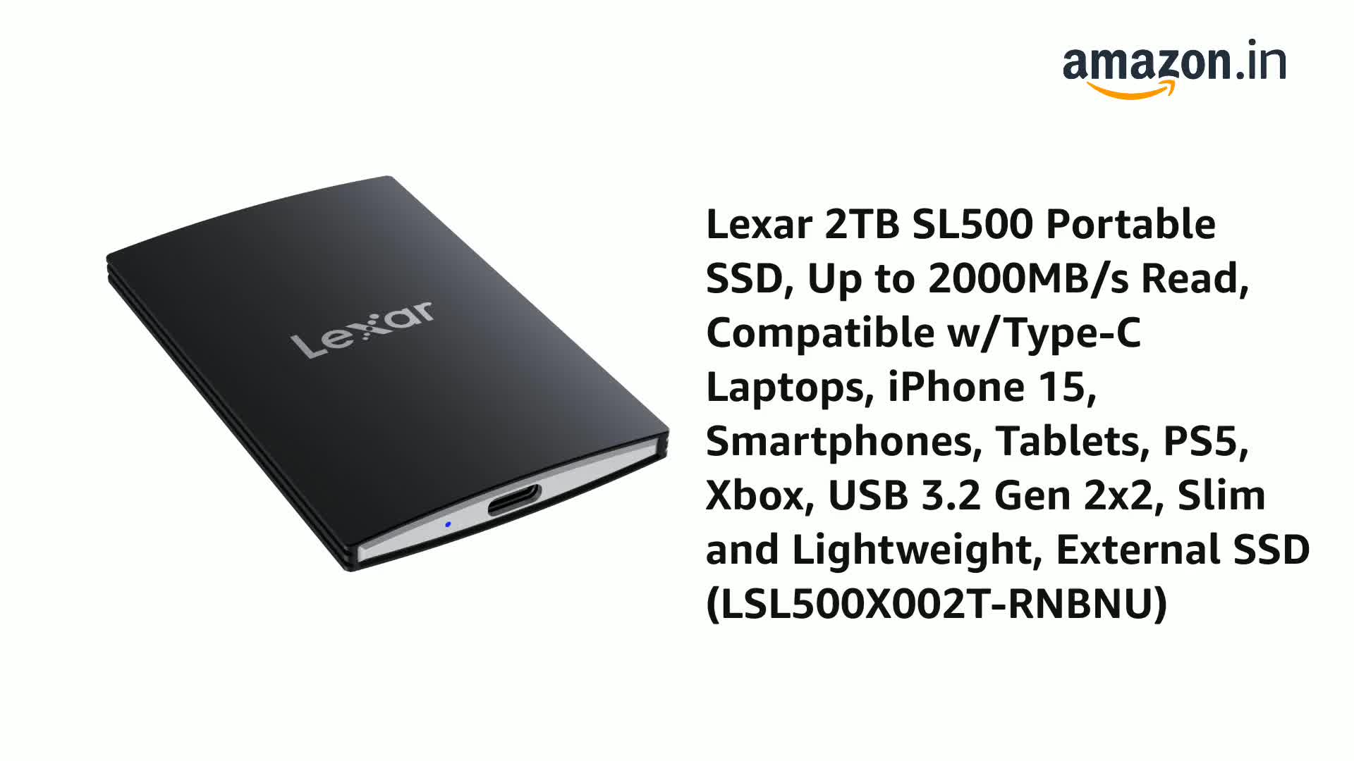 Lexar SL500 Portable SSD　2TB Lexar 2TB SL500 Portable SSD, Compatible w/PC, Mac, Type-C Laptops