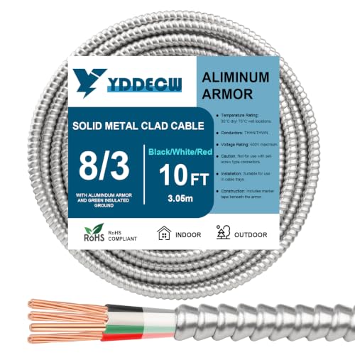 Image of 10FT 8 /3 Metal Clad (MC) Cable with Ground, 8 Gauge Electric Wire with Aluminum Armor, Solid Bare Copper Conductors for Indoor Outdoor Underground Embedded Installation (8 /3, 10 ft)