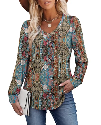 Alaroo Womens Long Sleeve Shirts Pleated V Neck Curved Hem Fall Winter Tunic Tops Blouses Print3
