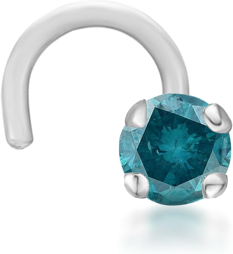 Lavari Jewelers 0.01 to 0.05 Carat Blue Diamond Curved Nose Stud for Women or Men - 14k White Gold Nose Ring for Her - 20 Gauge Unisex Hypoallergenic Nostril Piercing Jewelry - 20G Body Piercing