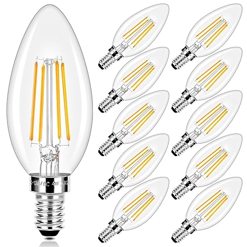 E12 LED Candelabra Bulbs 40 Watt Equivalent, 4W Vintage Candle Light Bulbs Dimmable, 470Lm Warm White 2700K B11 Edison Bulb, Filament Clear Glass Lamp Bulb for Chandelier Ceiling Fan(10 Packs)