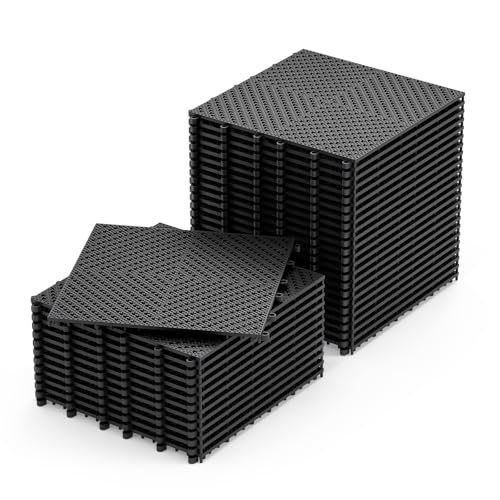 Jocoevol 36-Pcs Interlocking Tile, Indoor/Outdoor Drainage Interlocking Floor Tiles 11.8" x 11.8", Anti-Slip Waterproof Soft PVC Splicing Flooring Tile for Garage Patio Pool Bathroom, Black