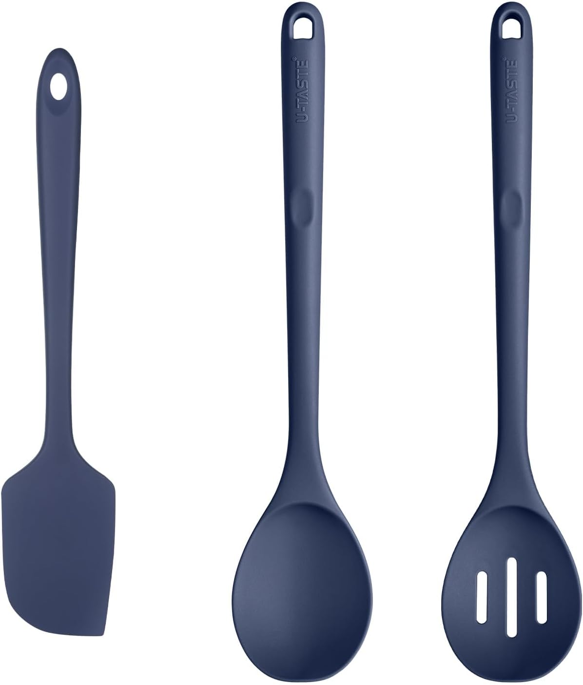 U-Taste 600ºF Heat Resistant BPA Free Silicone Spatula 1 Piece (Midnight Blue), and 600℉ Heat Proof Long Non-Scratch Silicone Solid & Slotted Set of 2 Cooking Spoon for Mixing (Midnight Blue)