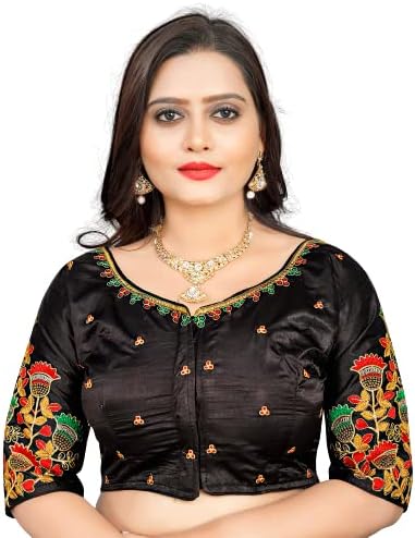 Cotton Silk All Over embrodered Round Neck Cutwork Half Sleeves Saree Blouse Readymade Crop Top Choli for Girls & Womens Free Size (503)