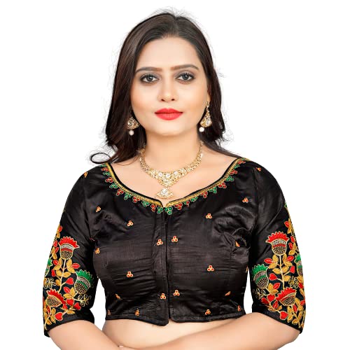 BADGER WINS Cotton Silk All Over Embrodered Beautiful Round Neck Big Back Neck Half Sleeves Saree Blouse Readymade Crop Top Choli for Girls & Womens Free Size