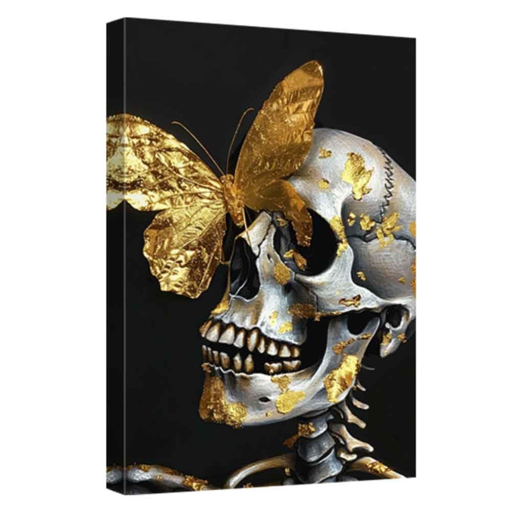 ZQQART Skull Canvas Wall Art Golden Butterfly Canvas Paintings Art Skeleton with Insects Animal Pictures Halloween Wall Decor Artwork Frame(Gold,12.00" x 18.00")