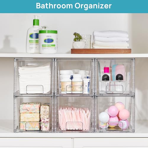 Image of Vtopmart 6 Pack Large Stackable Storage Drawers | Easily Assemble Acrylic, Bathroom Closet Undersink Organizers, Plastic Bins for Kitchen Cabinets, Pantry, Makeup, Medicine