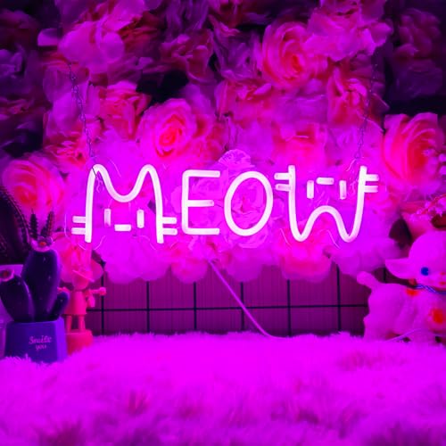 IMEGINA Pink Meow Neon Sign for Wall Decor Pink Meow Neon Light Adorable LED Neon Sign for Bedroom Zoo Cat Cafe Cat House Store Restaurant Home Kitchen Men Cave Home Bar Decoration(15.7 * 4.7in)