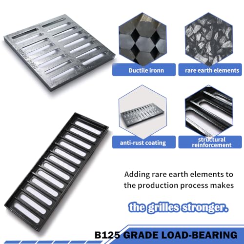Cast Iron Drain Grate, 20 * 20in Outdoor Drain Cover, B125 Class Ductile Iron Channel Drainage Grates, Heavy Duty Sewer Grate,Black Square Drain Grate for Yard,Driveway,Concrete Floor. by Facoba - Image 5