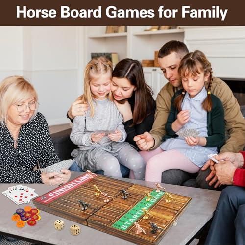 FUNNYB&G 21 inches Horse Race Board Game Foldable Large Horse Racing Game for Adults with 11 Metal Horses, Solid Wood 60 Pcs Poker Chips 2 Dice 1 Pack of Cards for Family Tabletop Parties(Brown) by FUNNYB&G - Image 5