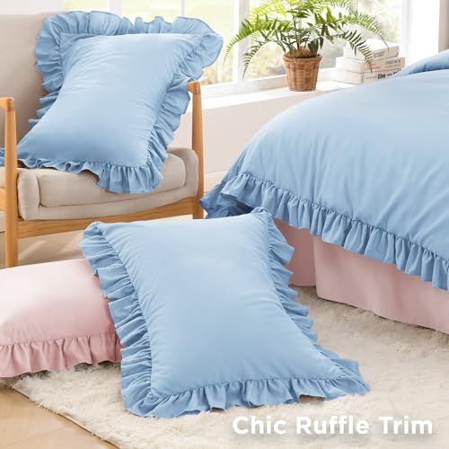 Image of Litanika Light Blue Full Size Comforter Sets, 3 Pieces Ruffle Farmhouse Aesthetic Bedding Comforter Sets, All Season Soft Lightweight Fluffy Microfiber Bed Set(79x90In Comforter, 2 Pillowcases)