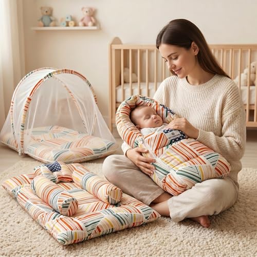 Image of StarAndDaisy Baby Carry Nest Combo Set for 0-12 Months | Baby Lounger, Bedding Nest & Mosquito Net Portable & Foldable Infant Bed Set Soft Mattress with Cushions (Check Print)