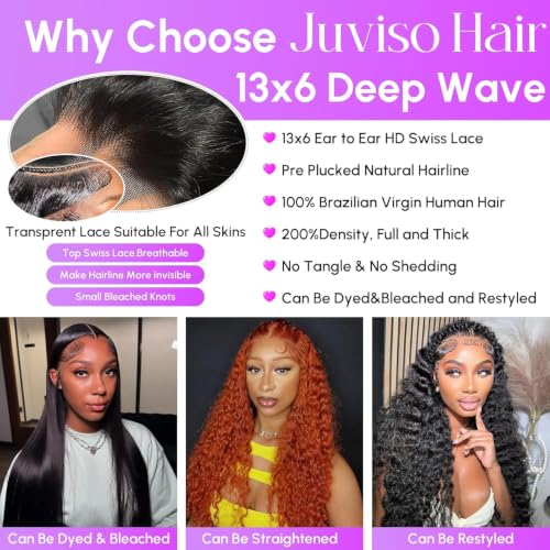Image of Deep Wave Human Hair Wigs 200 Density 13x6 Lace Front Wig 34 Inch