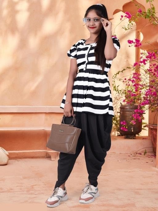 Image of N K Enterprises Kids Printed Short Kurti and Dhoti Pants Set | Festive for Girls