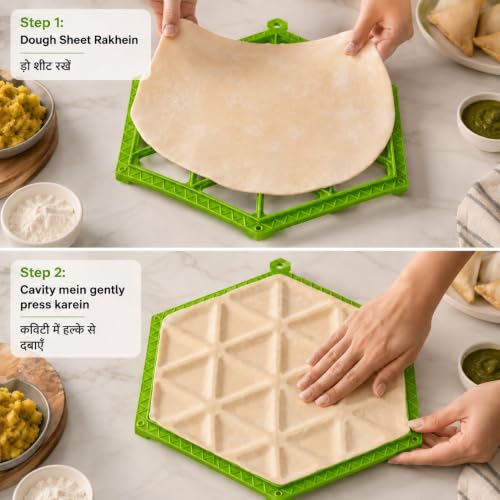 Image of Samosa Maker Mould, 24 Cavity Samosa Tray, ABS Plastic - Green | Sealing dots, ABS plastic body, makes 24 samosas at once; keep filling away from edges for better sealing, Made in India