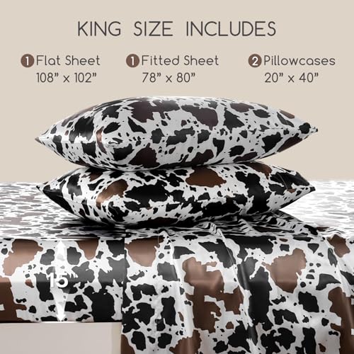 Image of MR&HM Satin Bed Sheets with Elastic Corner Straps, King Size Sheets Set, 4 Pcs Silky Bedding Set with 15 Inches Deep Pocket for Mattress (King, Cow Print)
