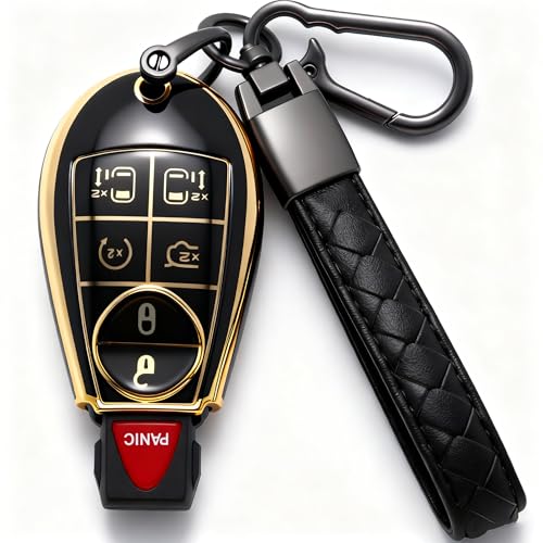 Hoespen for Dodge Key Fob Cover Premium Soft TPU with Keychain All-Around Protection Compatible for 2008-2020 Dodge Grand Caravan Ram Durango, for Chrysler Town & Country (6 Buttons, G-Black)