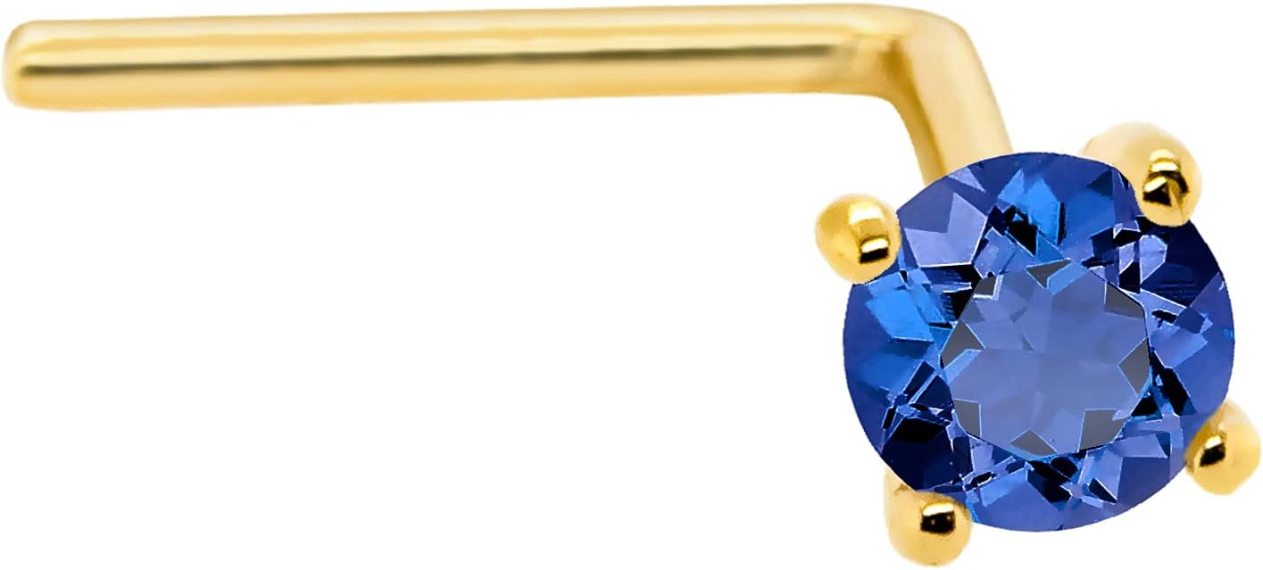 22G Solid 14Kt Gold L-Shape Nose Stud with real Blue Sapphire Gemstone, 14kt Yellow Gold or 14kt White Gold Prong Setting - September Birthstone Nose Ring