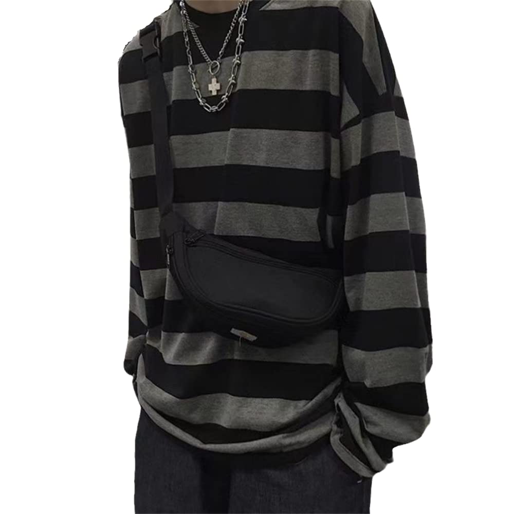 Men's Round Neck Striped Long Sleeve T-Shirt Emo Punk American Harajuku Street Loose Bottoming Shirt Couple Outfit