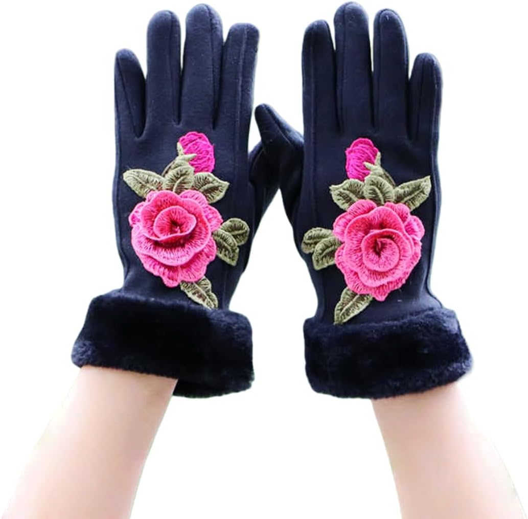 Specell Women Winter Warm Gloves Embroidered Flowers Fleece Lining Touchscreen Fingertips Mittens Windproof for Cold Weather