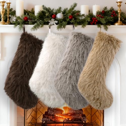 JOLCEEY 4 Pack Christmas Stockings, 18 in White Brown Grey Faux Fur Large Plush Hanging Xmas Stockings for Christmas Fireplace Personalized Decorations Socks