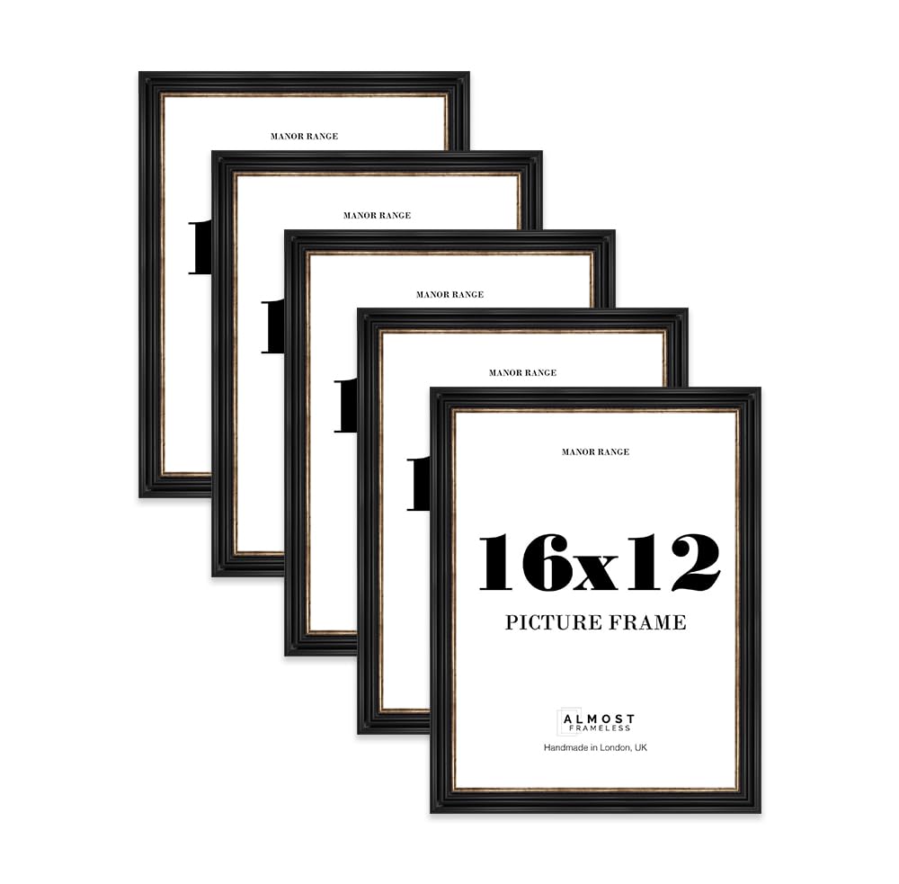 16x12 Picture Frame, Display 16x12 Pictures (30.5 x 40.6cm) - Black & Gold Luxurious 42mm Edge Photo Display - 5 Pack