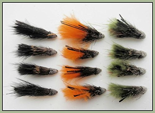 12 Marabou Muddler Minnow Trout Flies, Black,Orange & Olive Choice of Sizes (10/12)
