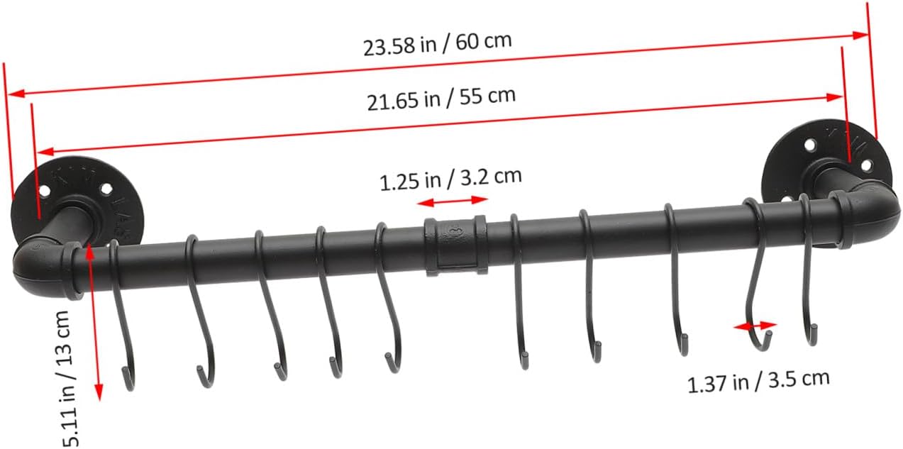 Kichvoe Kitchen Hanging Rack Wall Mounted Pot Pan Rail with Hooks 13x60cm Industrial Metal Pot Hanger Utensil Holder for Kitchen Storage and Organization