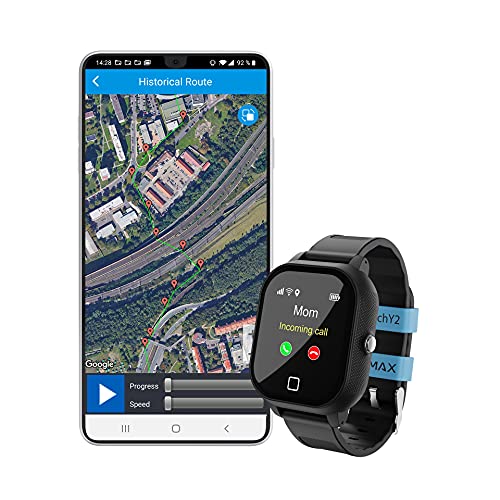 LAMAX WatchY2 Kinder Smart GPS Uhr mit Telefonfunktion, Lokalisierung & Tracking, SOS, 100 Stunden Akku, IP67, Bewegungshistorie, 3-12 Jahre, Touchscreen, Pedimeter, Server in EU, Schwarz Cover