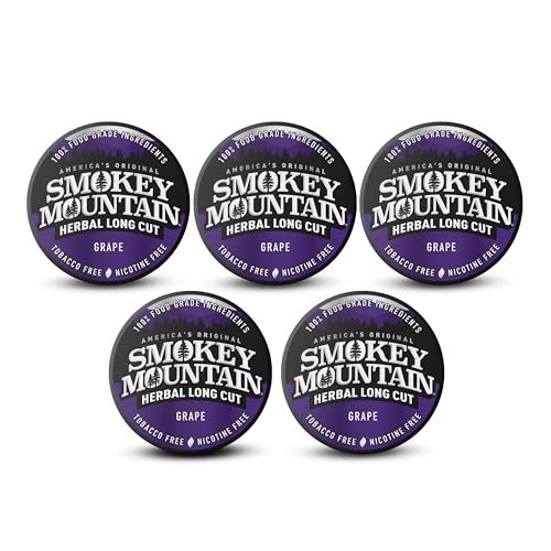 Smokey Mountain Herbal Long Cut – Grape – 5 Can Box - Tobacco Free and Nicotine Free Snuff