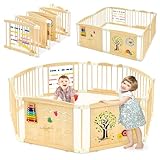 Wooden Playpen for Babies and Toddlers, Foldable Baby Playpen with Locking Gate, Adjustable Size & Shape Kid Play Yard, 8 Panels Pinewood Baby Fence, 63”x63”x24”